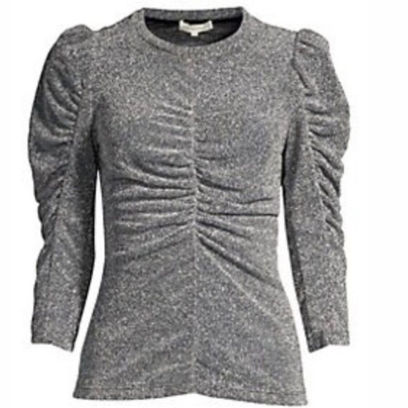 NWOT Rebecca Taylor Metallic Silver ruched 3/4 puff sleeves Blouse sz XS - Picture 13 of 13